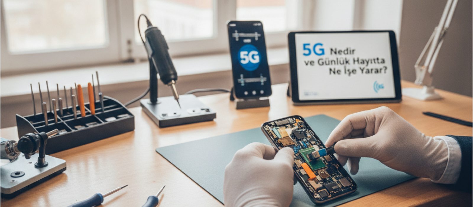 5G teknolojisini gösteren, hızlı veri transferini ve bağlantıyı simgeleyen dijital bir ağ görseli