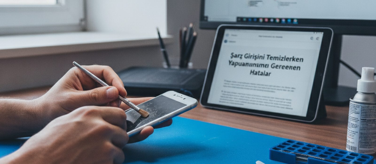 iPhone şarj girişini temizlerken kullanılan güvenli ve güvenli olmayan araçları gösteren yakın çekim bir görsel.