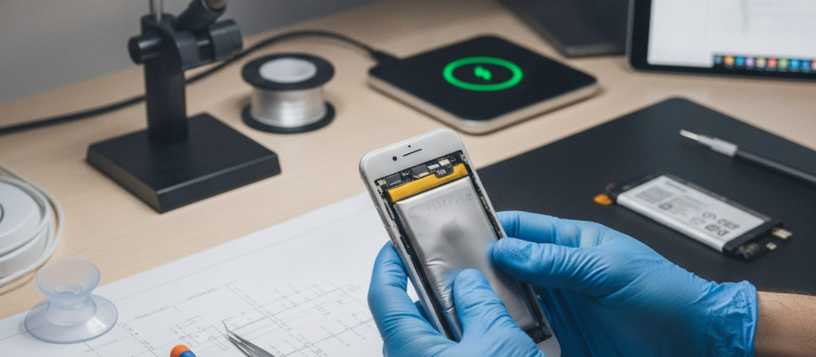 Şişmiş bir iPhone veya iPad bataryası ve açılmış bir cihazın iç görünümü
