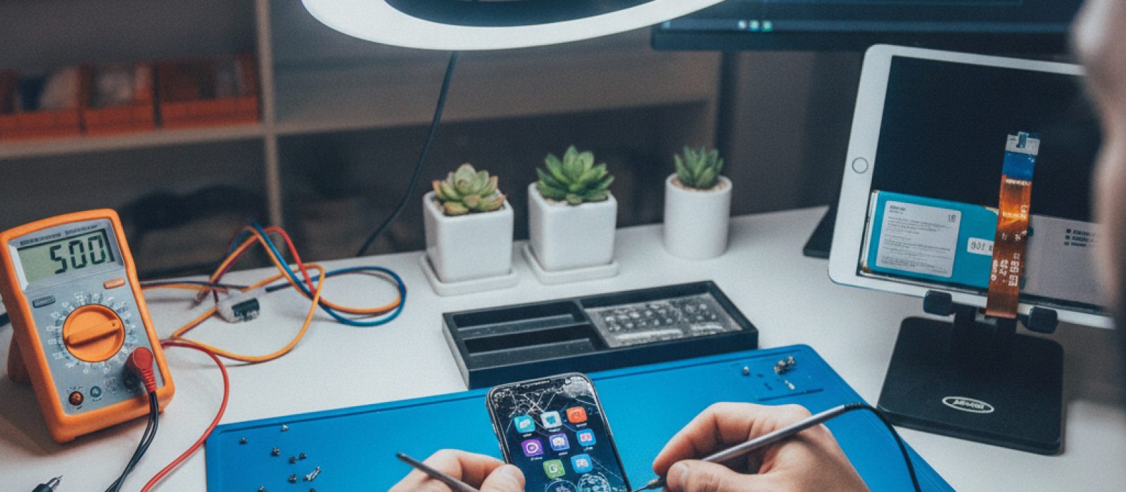 Uzaktan çalışan bir kişinin masasında iPhone ve iPad kullanarak çeşitli mobil uygulamalarla etkileşimde bulunması