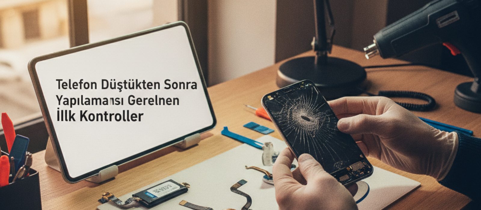 Yere düşmüş ve ekranı çatlamış bir iPhone'un yakından görüntüsü, hasar kontrolünü vurguluyor.