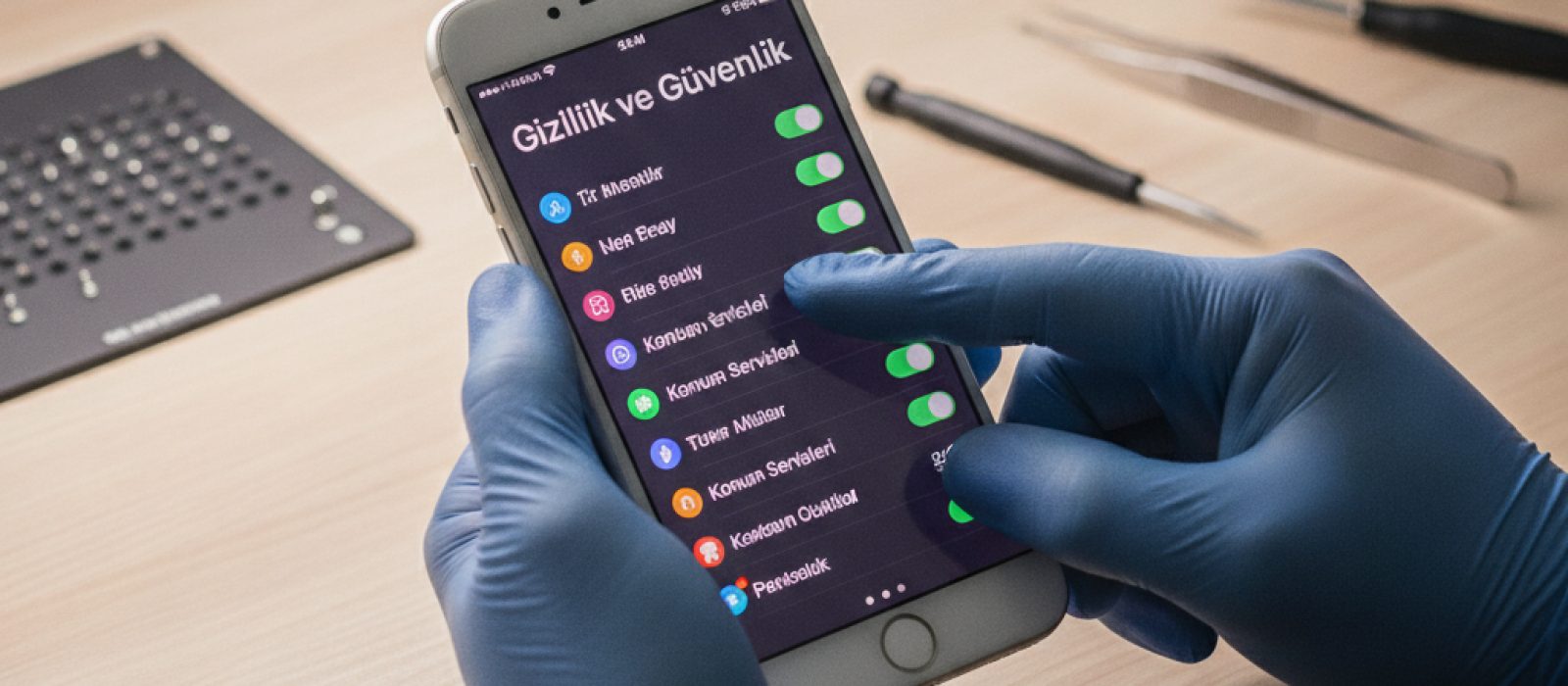 iPhone ekranında açık duran gizlilik ayarları menüsü, dijital güvenlik konseptini vurgular.