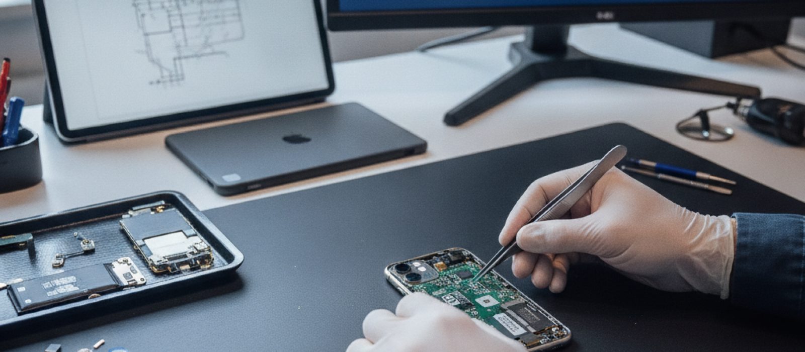 iPhone anakart arızası belirtilerini gösteren, şematik bir anakartın yakın çekim görüntüsü