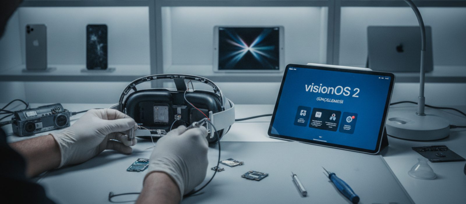 Apple Vision Pro kullanan bir kişi, uzamsal arayüzde birden fazla pencereyle etkileşimde bulunuyor