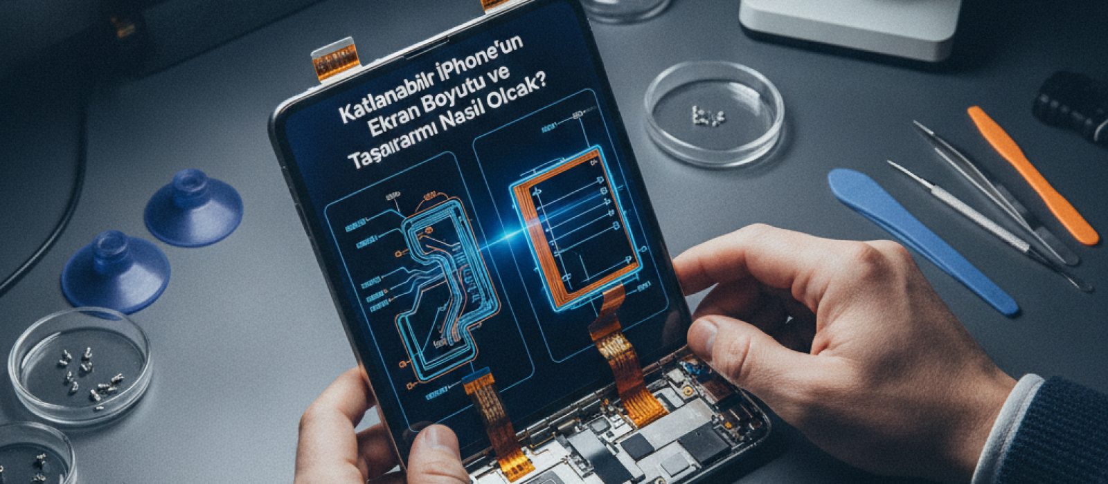 Katlanabilir iPhone konsept tasarımı, açık ve kapalı hallerini gösteriyor, esnek ekran ve menteşe vurgulanıyor.
