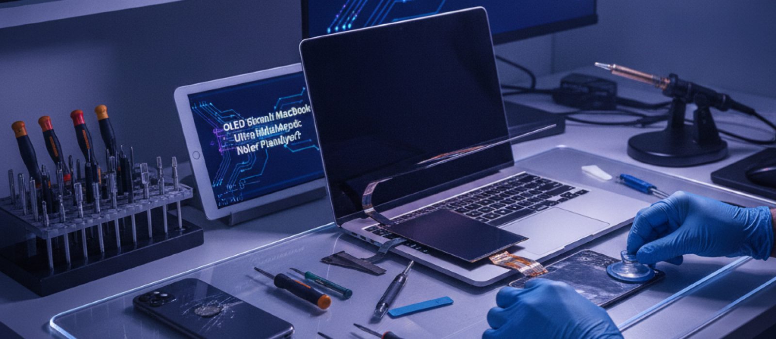 OLED ekranlı bir MacBook Ultra konsept görseli, canlı renkler ve derin siyahlarla