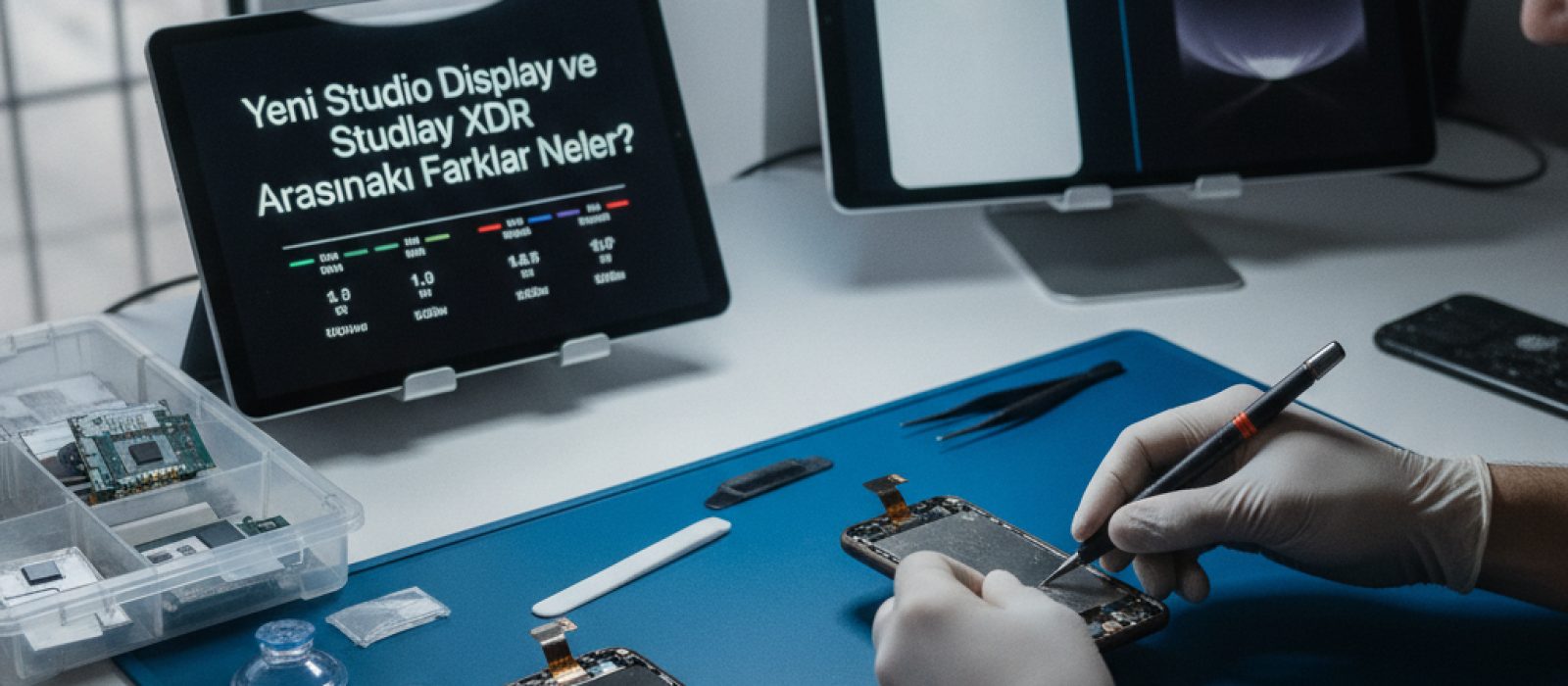 Studio Display ve Pro Display XDR monitörlerinin yan yana karşılaştırması