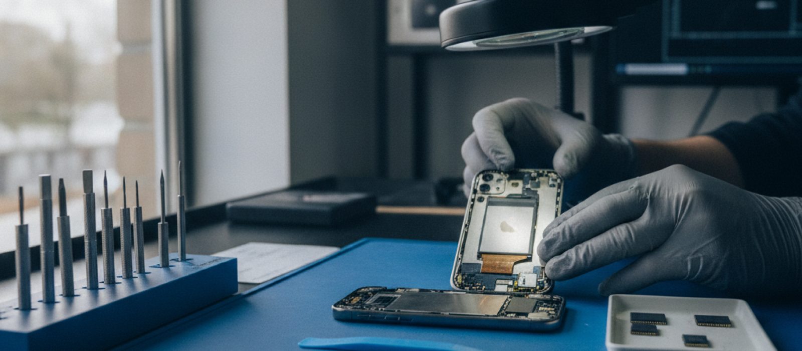 Apple'ın yeni kablosuz çipini simgeleyen soyut bir devre kartı ve iPhone/iPad silüetleri