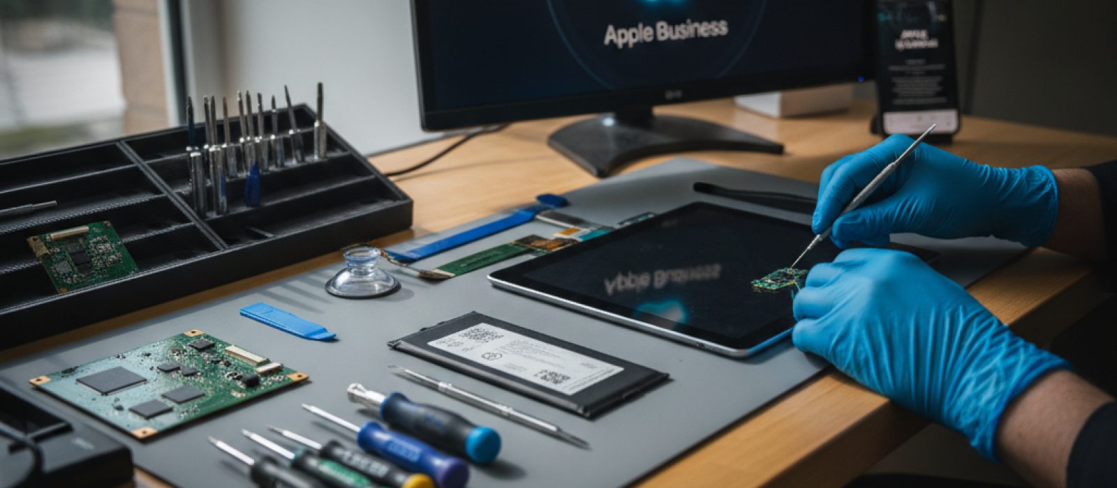 Bir masada duran iPad, MacBook ve iPhone cihazlarını gösteren Apple Business konsepti